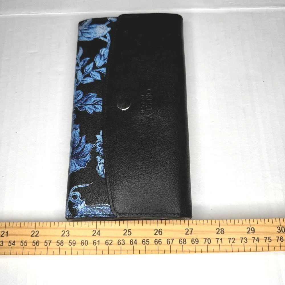 Osprey London Genuine Leather Wallet Clutch Blue Floral Print Snap‎ Closure